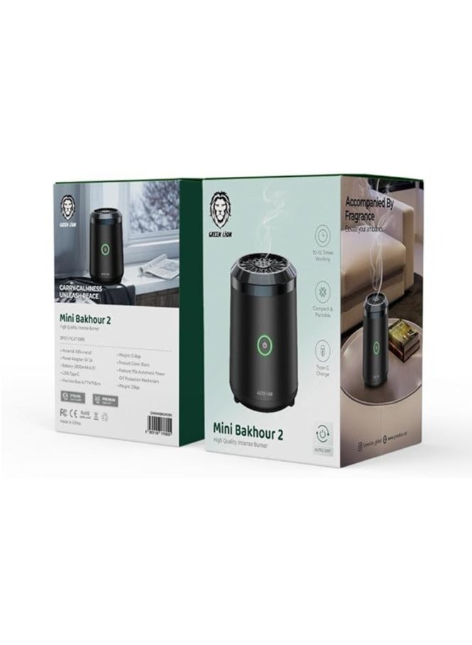 Mini Bakhour 2 Rechargable Incense Burner / Bukhour / Luxury Scent  / Auto Off Feature / Type-C Charging / Compact & Portable / 10-15 Times Working Capacity / Accompanied by Fragrance / 2000mAh Battery - Black