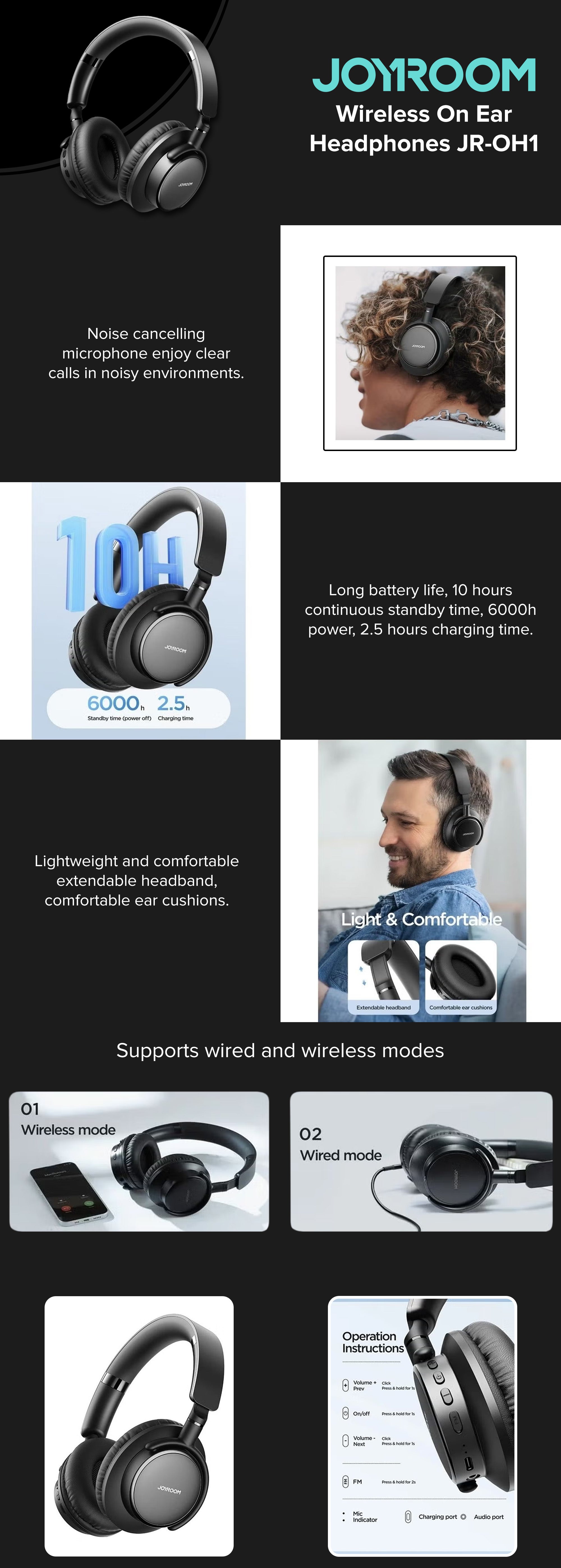 Wireless On-Ear Headphones with Pure Bass Sound, Noise Cancelling Microphone, 10H Long Battery Life, Speed Charge via Fast USB Type-C, Multi-Point Connection, Voice Assistant, Light & Comfortable, Wired/Wireless Modes, CE Certified - 1 Year UAE Warranty Black