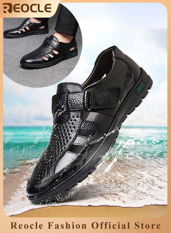 Men's Sandals Closed Toe Strappy Sandals Summer Office Loafers Leather Walking Slip-on Casual Oxfords Made of Breathable Cowhide Material