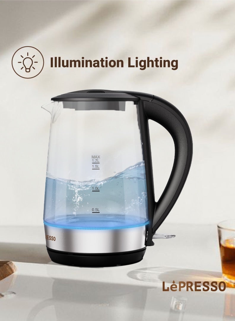 360 Transparent Quick-Boil Glass Kettle 1.7L 2200W / Cordless / Rapid boiling / Sleek Design / Illumination lightning- Black