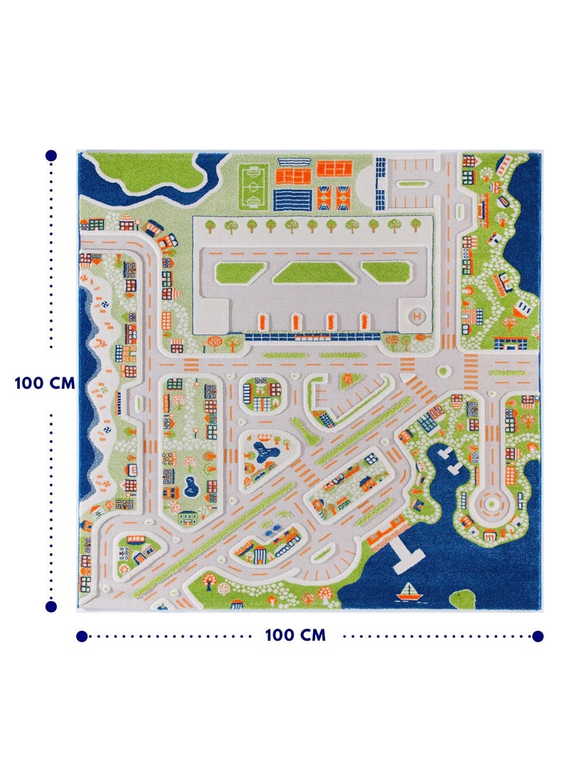 3D Play Carpet Mini City - Small | Blue | Activity Playmat for Kids & Children | Bedroom, Living Room, Nursery Rug | Polypropylene | Foldable | 100 cm x 100 cm