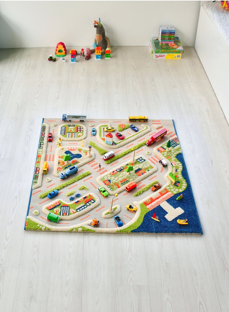 3D Play Carpet Mini City - Small | Blue | Activity Playmat for Kids & Children | Bedroom, Living Room, Nursery Rug | Polypropylene | Foldable | 100 cm x 100 cm