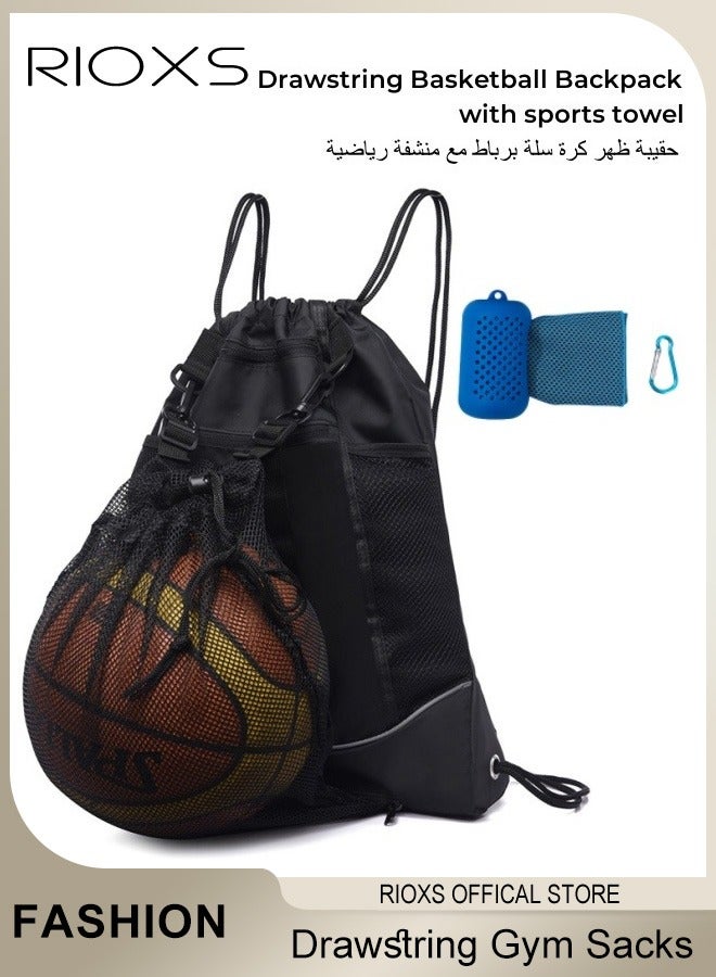 Drawstring Basketball Backpack with sports towel Foldable Soccer Backpack Gym Bag with Detachable Ball Mesh Bag for Basketball Volleyball Baseball Yoga