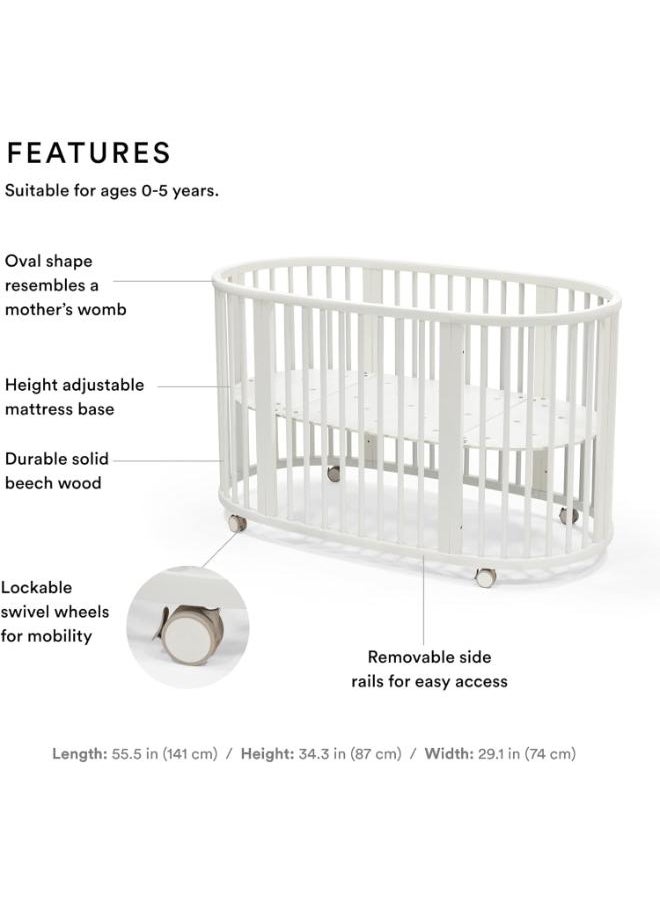 Sleepi Bed, White Oval Crib Suitable For Ages 0 - 5 Years Old Adjustable, Stylish And Flexible Sturdy Beech Wood Frame