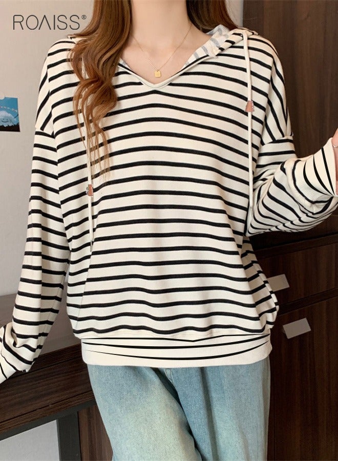 Women'S Casual Loose Hooded Pullover Classic Horizontal Stripe Hoodie Top With Short Front And Long Back