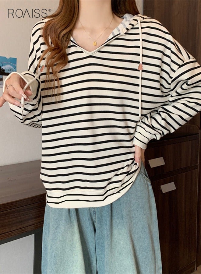 Women'S Casual Loose Hooded Pullover Classic Horizontal Stripe Hoodie Top With Short Front And Long Back