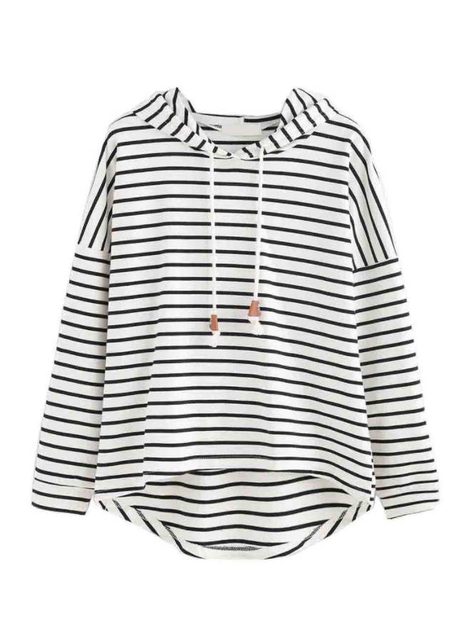 Women'S Casual Loose Hooded Pullover Classic Horizontal Stripe Hoodie Top With Short Front And Long Back