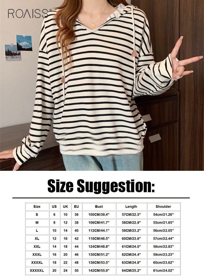 Women'S Casual Loose Hooded Pullover Classic Horizontal Stripe Hoodie Top With Short Front And Long Back