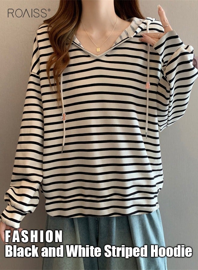 Women'S Casual Loose Hooded Pullover Classic Horizontal Stripe Hoodie Top With Short Front And Long Back