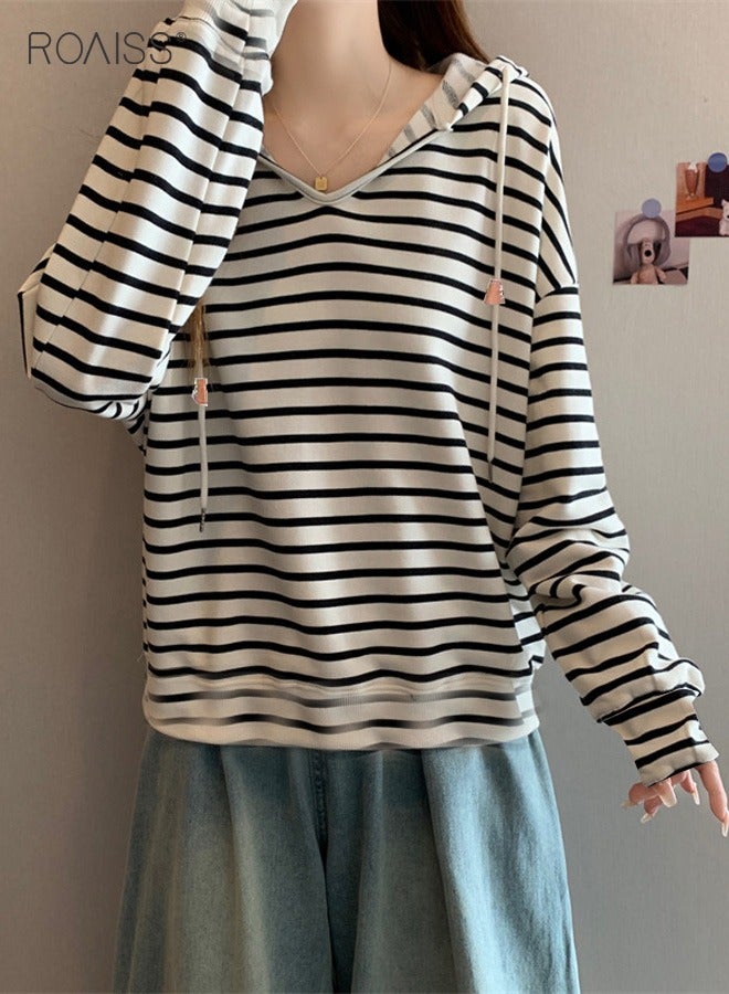 Women'S Casual Loose Hooded Pullover Classic Horizontal Stripe Hoodie Top With Short Front And Long Back