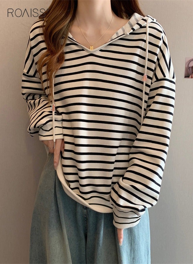 Women'S Casual Loose Hooded Pullover Classic Horizontal Stripe Hoodie Top With Short Front And Long Back
