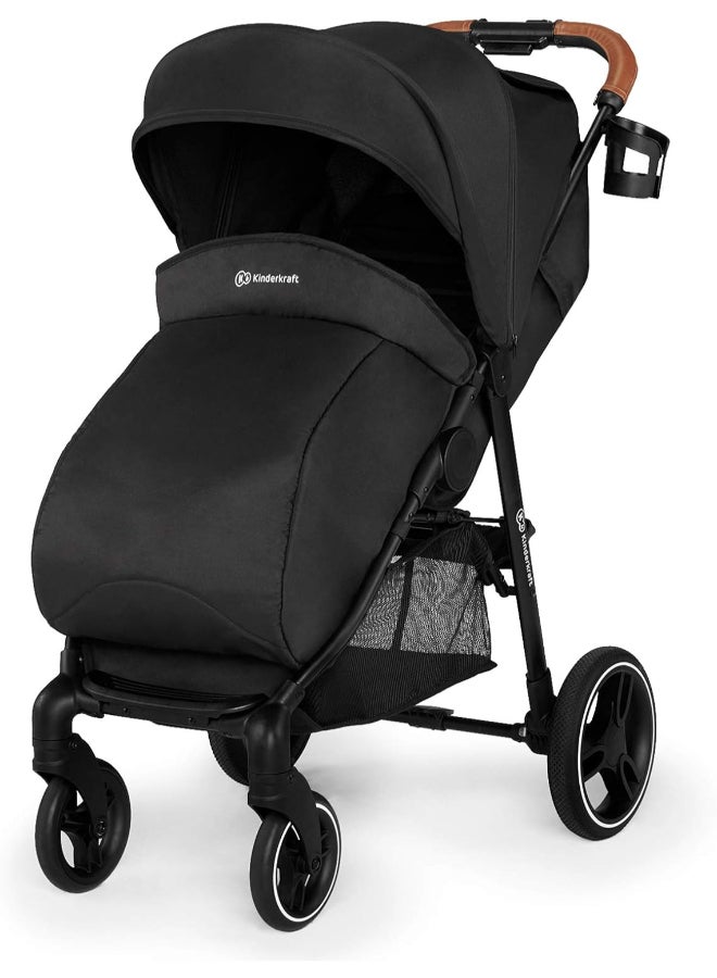 Grande Stroller - Black, Reclining, Foldable, Multi-level Backrest Adjustment, 5-Point Saftey Belts, With Large Shopping Bag, Large Canopy, Suitable for 0+ months