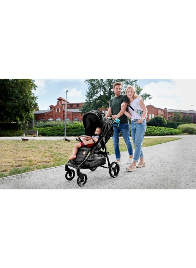 Grande Stroller - Black, Reclining, Foldable, Multi-level Backrest Adjustment, 5-Point Saftey Belts, With Large Shopping Bag, Large Canopy, Suitable for 0+ months