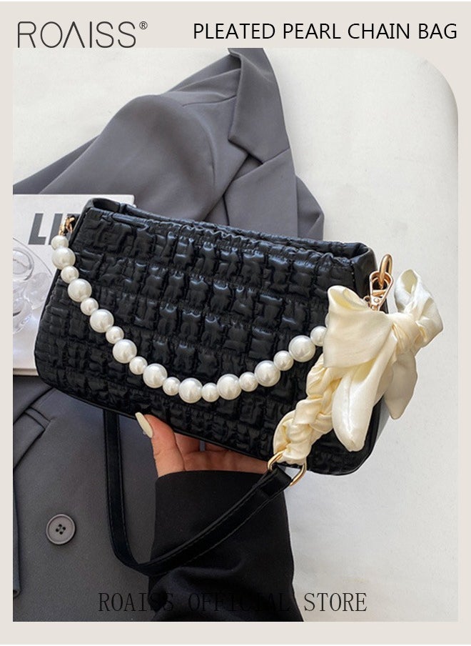 Women Minimalist Pearl Chain Handbag Niche Design Mini Square Bag with Ruffled Cloud Pattern Fashionable Crossbody Bag for Women