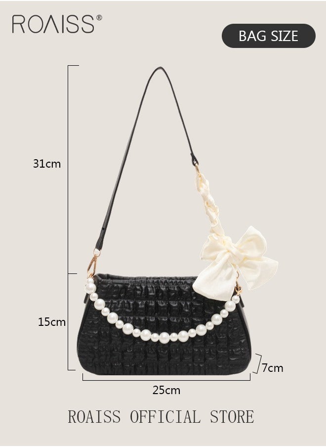 Women Minimalist Pearl Chain Handbag Niche Design Mini Square Bag with Ruffled Cloud Pattern Fashionable Crossbody Bag for Women