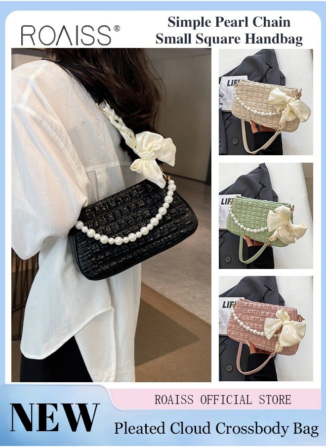 Women Minimalist Pearl Chain Handbag Niche Design Mini Square Bag with Ruffled Cloud Pattern Fashionable Crossbody Bag for Women