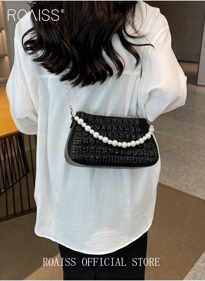 Women Minimalist Pearl Chain Handbag Niche Design Mini Square Bag with Ruffled Cloud Pattern Fashionable Crossbody Bag for Women