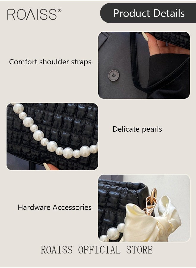 Women Minimalist Pearl Chain Handbag Niche Design Mini Square Bag with Ruffled Cloud Pattern Fashionable Crossbody Bag for Women