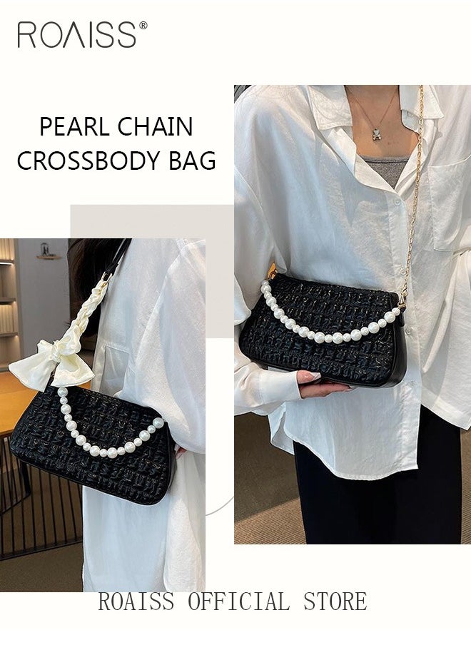 Women Minimalist Pearl Chain Handbag Niche Design Mini Square Bag with Ruffled Cloud Pattern Fashionable Crossbody Bag for Women