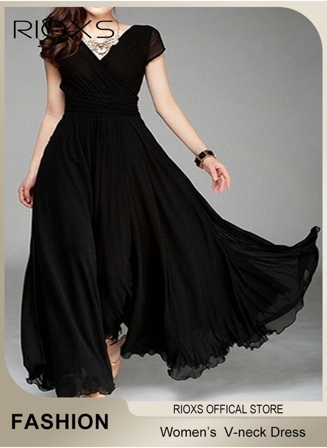 Women's Elegant High Waist Maxi Dress, V-neck Short-sleeved Dress, Ruched Wrap Summer Long Dress with Back Zipper, Stylish Exquisite Evening Prom Dress, Perfect for Both Casual and Formal Occasions