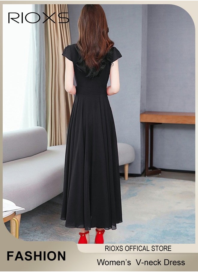 Women's Elegant High Waist Maxi Dress, V-neck Short-sleeved Dress, Ruched Wrap Summer Long Dress with Back Zipper, Stylish Exquisite Evening Prom Dress, Perfect for Both Casual and Formal Occasions