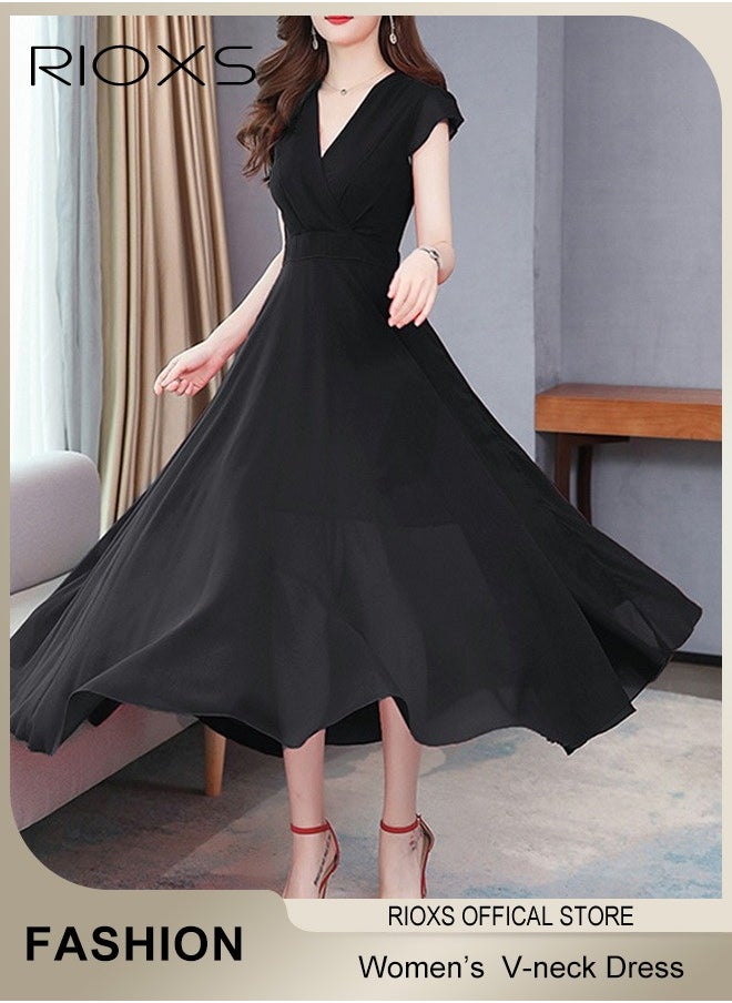 Women's Elegant High Waist Maxi Dress, V-neck Short-sleeved Dress, Ruched Wrap Summer Long Dress with Back Zipper, Stylish Exquisite Evening Prom Dress, Perfect for Both Casual and Formal Occasions