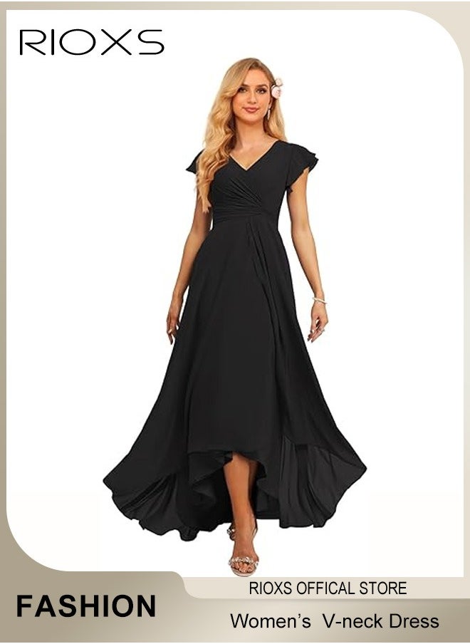 Women's Elegant High Waist Maxi Dress, V-neck Short-sleeved Dress, Ruched Wrap Summer Long Dress with Back Zipper, Stylish Exquisite Evening Prom Dress, Perfect for Both Casual and Formal Occasions