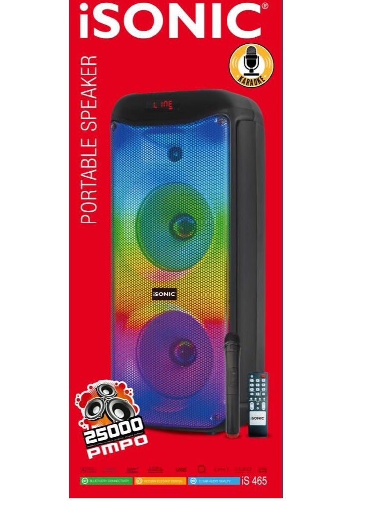 iSONIC IS‑465 50W Portable Bluetooth Speaker with Dual 8″ Subwoofers & LED Flame Panel