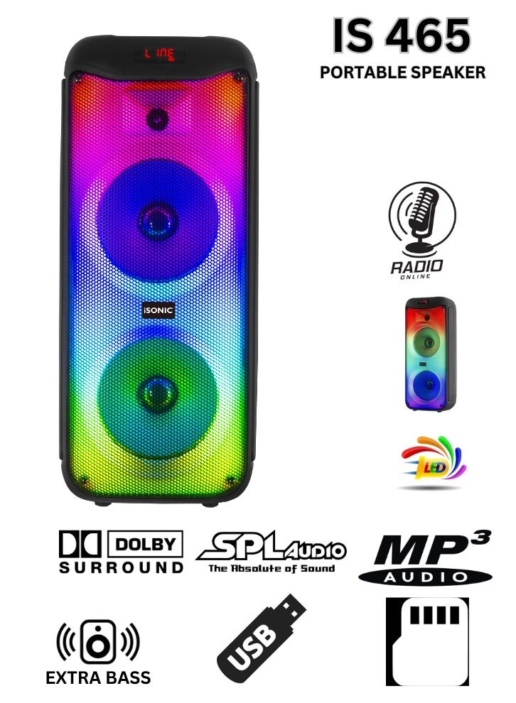 iSONIC IS‑465 50W Portable Bluetooth Speaker with Dual 8″ Subwoofers & LED Flame Panel