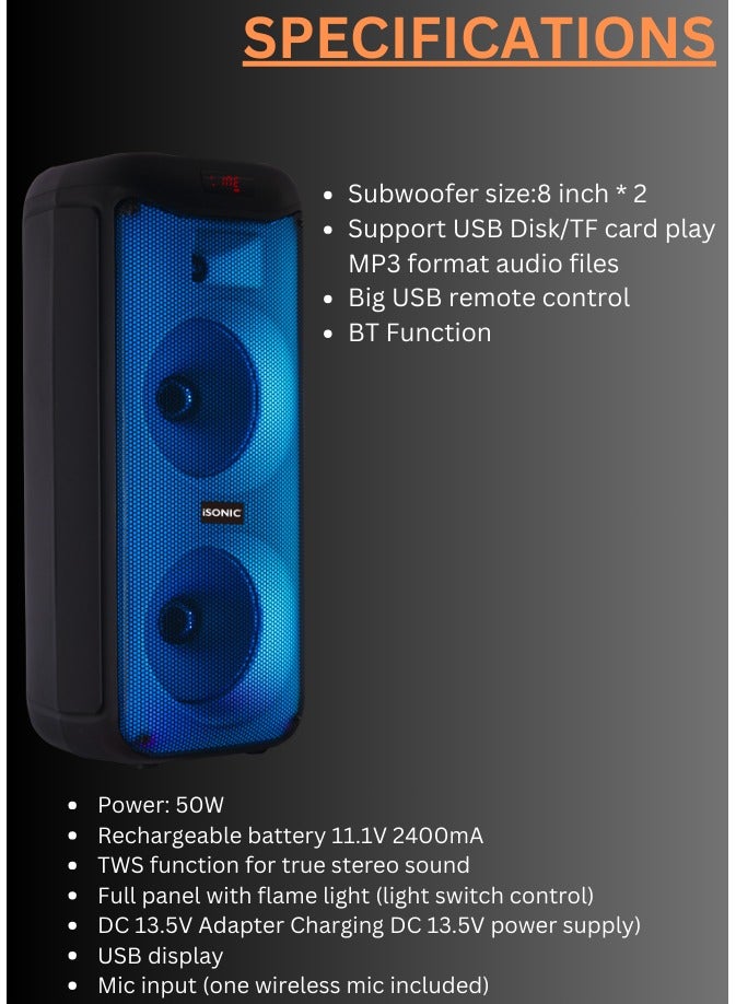 iSONIC IS‑465 50W Portable Bluetooth Speaker with Dual 8″ Subwoofers & LED Flame Panel