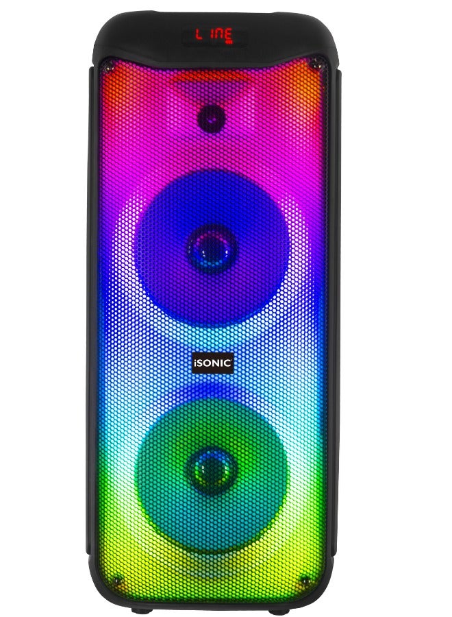 iSONIC IS‑465 50W Portable Bluetooth Speaker with Dual 8″ Subwoofers & LED Flame Panel