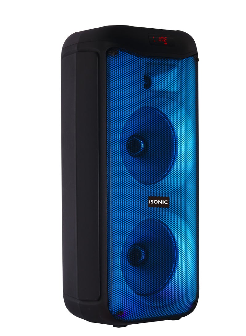 iSONIC IS‑465 50W Portable Bluetooth Speaker with Dual 8″ Subwoofers & LED Flame Panel
