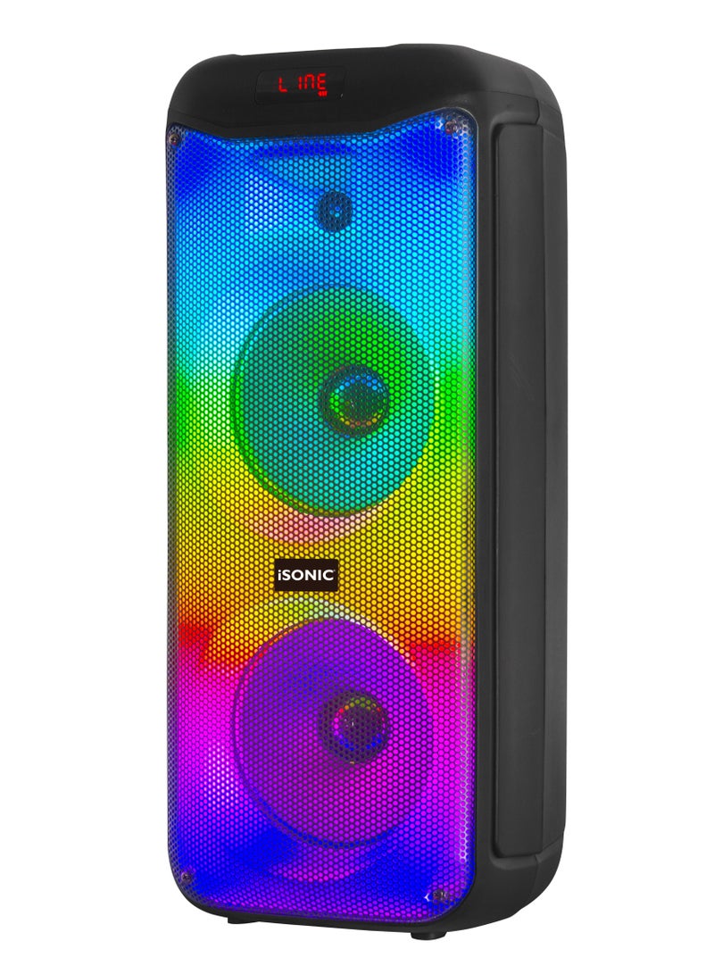 iSONIC IS‑465 50W Portable Bluetooth Speaker with Dual 8″ Subwoofers & LED Flame Panel