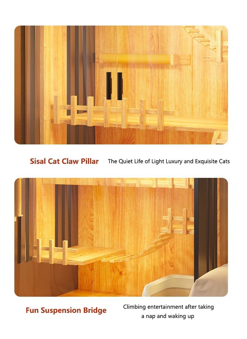 Premium Cat House - Cat Tree with enclosed space for Cat Litter Box, Cat Condo and Spacious Play Area for Your Loved Pet to enjoy (Single Column - 90 * 60 * 120cm, Golden Deluxe)