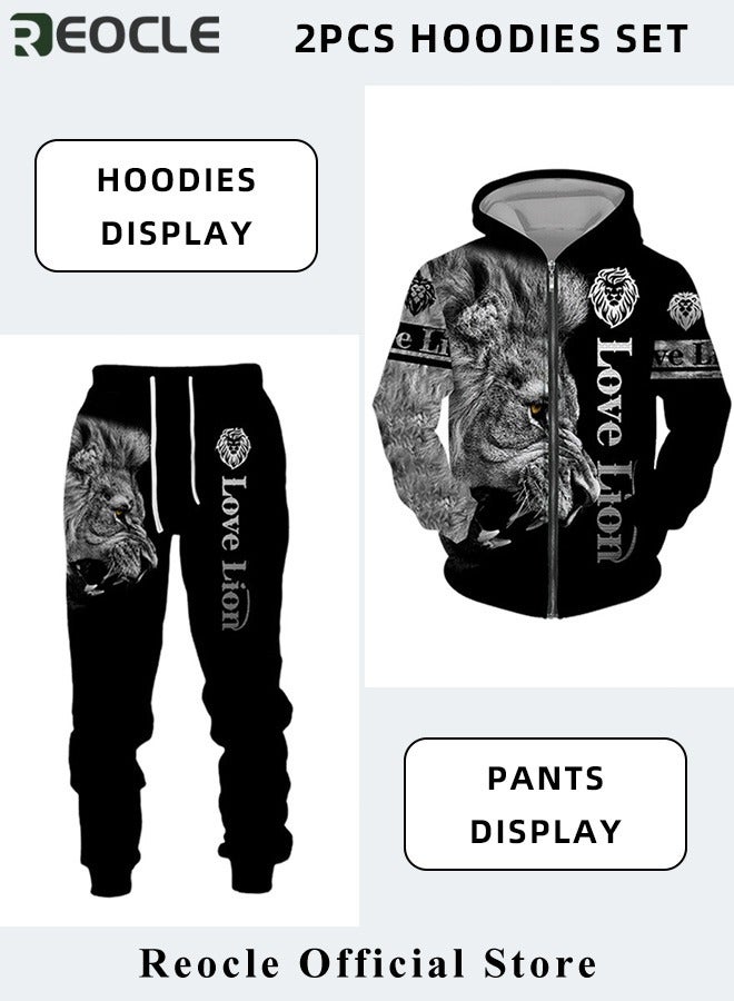 Men's 2 Pcs Hoodie Set Sweatshirt Suit 3D Printed Long Sleeve Hoodie with Zipper Trackpant Casual Suit