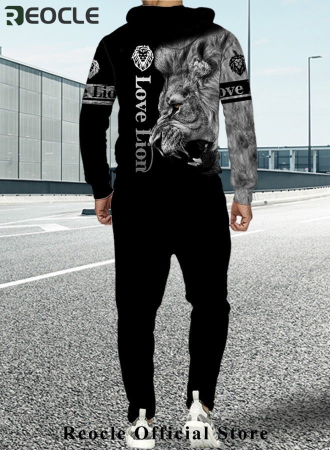 Men's 2 Pcs Hoodie Set Sweatshirt Suit 3D Printed Long Sleeve Hoodie with Zipper Trackpant Casual Suit