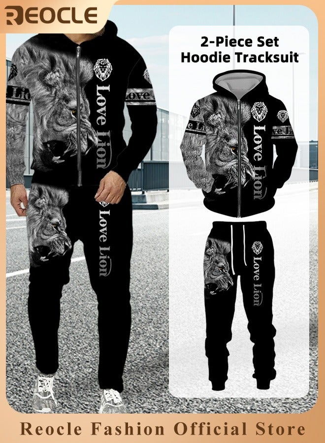 Men's 2 Pcs Hoodie Set Sweatshirt Suit 3D Printed Long Sleeve Hoodie with Zipper Trackpant Casual Suit