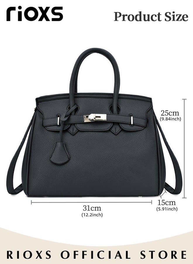 Women's Fashion Black Handbag Solid Color Satchel Handbag with Zipper Closure Leisure and Fashionable Crossbody Bag for Commuting Working and Shopping