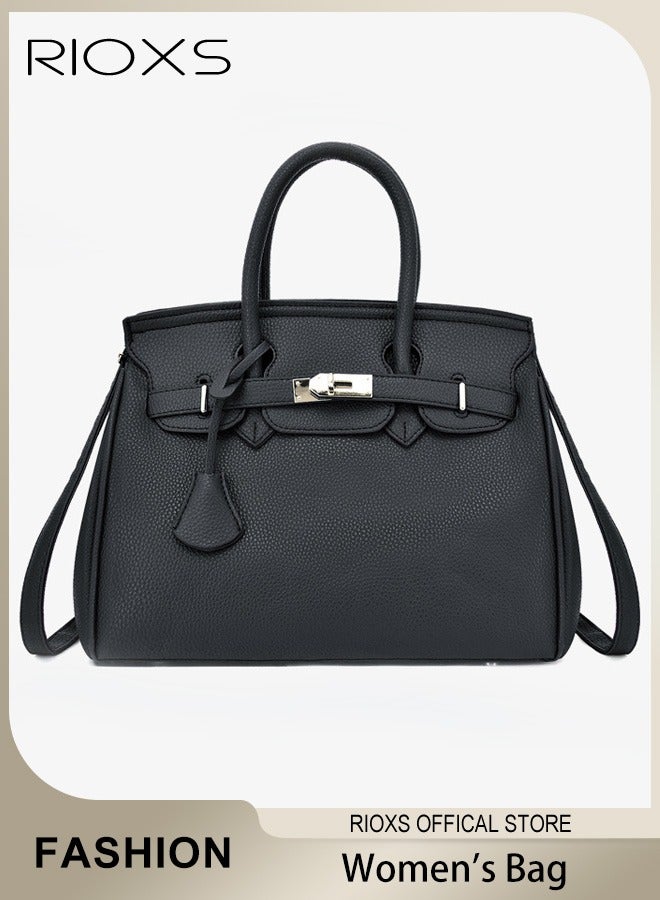 Women's Fashion Black Handbag Solid Color Satchel Handbag with Zipper Closure Leisure and Fashionable Crossbody Bag for Commuting Working and Shopping