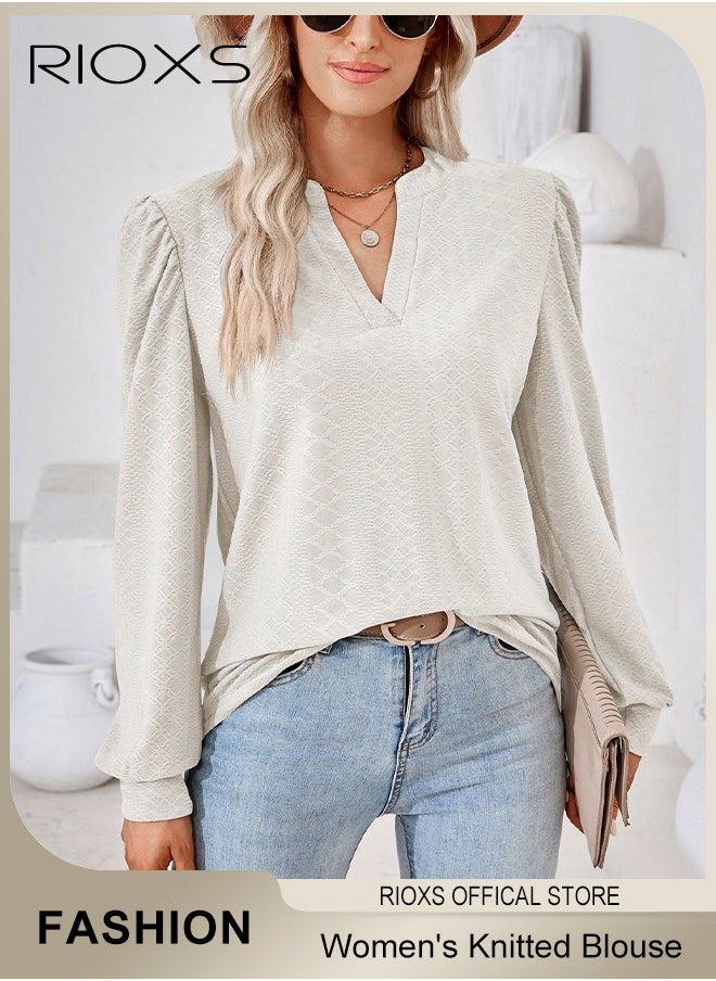 Women's V-neck Long Sleeve Blouse,Loose Casual Blouse,Soft Comfortable Pullover Shirt,Classic Comfortable Tops,Solid Color Tops,For Work/Office/Vacation/Travel/Basic Daily Wear