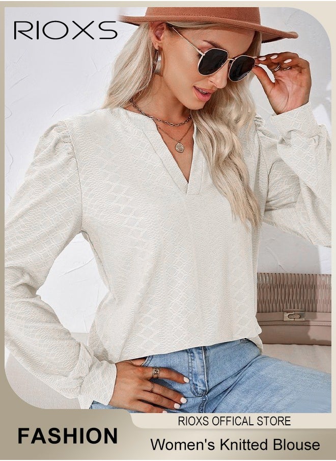 Women's V-neck Long Sleeve Blouse,Loose Casual Blouse,Soft Comfortable Pullover Shirt,Classic Comfortable Tops,Solid Color Tops,For Work/Office/Vacation/Travel/Basic Daily Wear