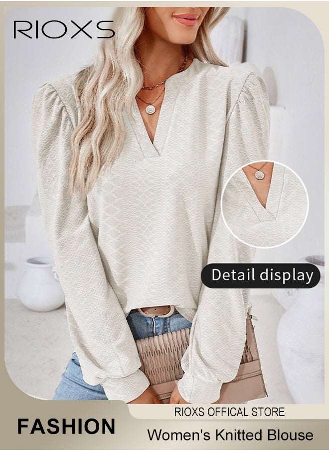Women's V-neck Long Sleeve Blouse,Loose Casual Blouse,Soft Comfortable Pullover Shirt,Classic Comfortable Tops,Solid Color Tops,For Work/Office/Vacation/Travel/Basic Daily Wear
