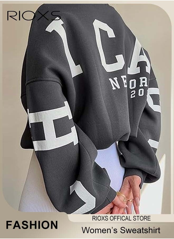 Women's Oversized Sweatshirt, Casual Letter Graphic Print Sweatshirt For Women, Ladies Graphic Crewneck Sweatshirts, Thickened Pullover Tops Sweatshirt For Spring Fall And Winter, Ladies Fashional Loose Pullover Top For Daily Wear