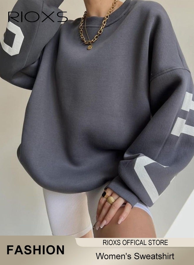 Women's Oversized Sweatshirt, Casual Letter Graphic Print Sweatshirt For Women, Ladies Graphic Crewneck Sweatshirts, Thickened Pullover Tops Sweatshirt For Spring Fall And Winter, Ladies Fashional Loose Pullover Top For Daily Wear