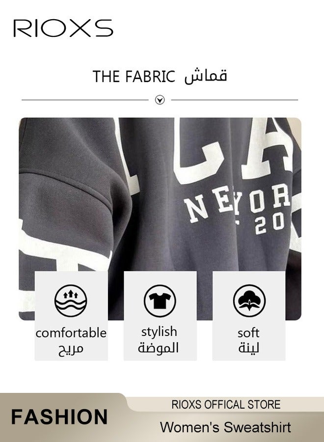 Women's Oversized Sweatshirt, Casual Letter Graphic Print Sweatshirt For Women, Ladies Graphic Crewneck Sweatshirts, Thickened Pullover Tops Sweatshirt For Spring Fall And Winter, Ladies Fashional Loose Pullover Top For Daily Wear