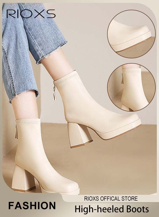 Women's High-heeled Ankle Boots, Stylish Side Zipper Square-toe Lug Ankle Boots, Ladies High-quality Fashion Ankle Booties, Comfortable Leather Boots, Versatile Enough to Suit Various Occasions