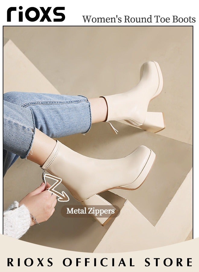 Women's High-heeled Ankle Boots, Stylish Side Zipper Square-toe Lug Ankle Boots, Ladies High-quality Fashion Ankle Booties, Comfortable Leather Boots, Versatile Enough to Suit Various Occasions