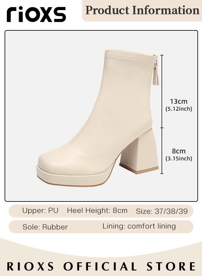 Women's High-heeled Ankle Boots, Stylish Side Zipper Square-toe Lug Ankle Boots, Ladies High-quality Fashion Ankle Booties, Comfortable Leather Boots, Versatile Enough to Suit Various Occasions