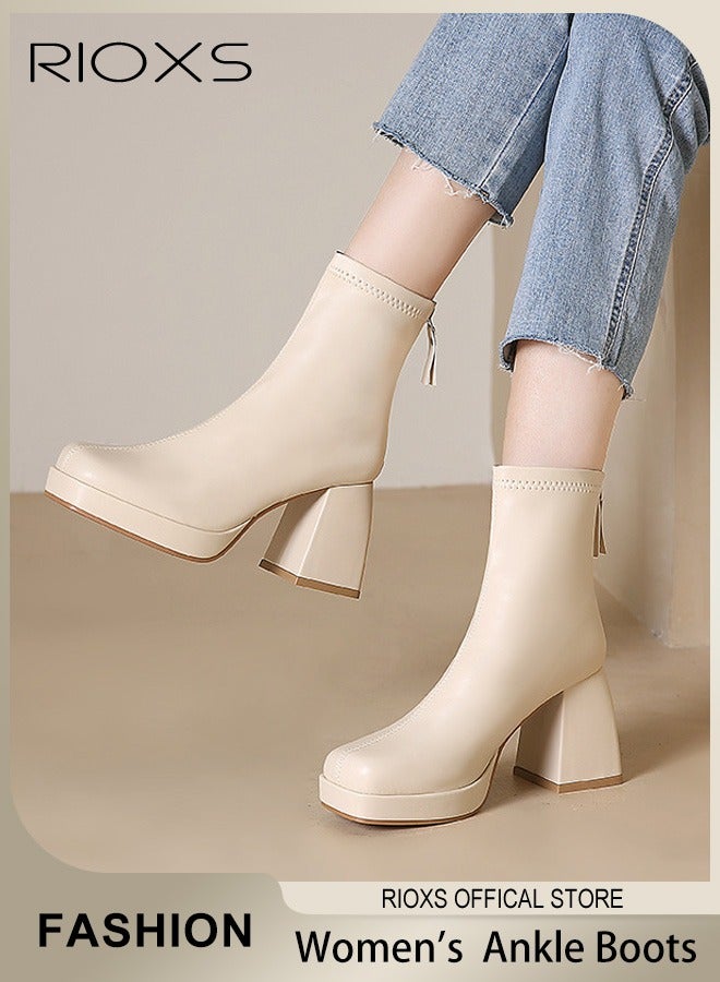 Women's High-heeled Ankle Boots, Stylish Side Zipper Square-toe Lug Ankle Boots, Ladies High-quality Fashion Ankle Booties, Comfortable Leather Boots, Versatile Enough to Suit Various Occasions