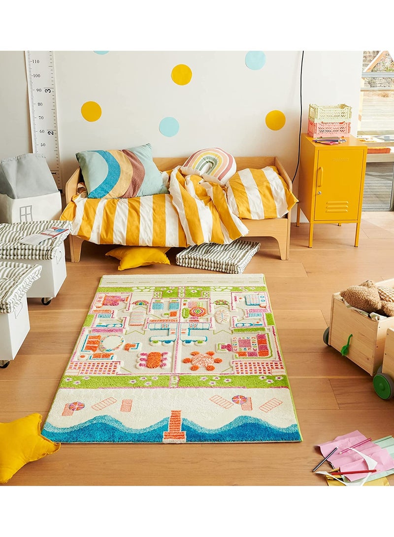 3D Play Carpet Beach House - Medium | Blue | Activity Playmat for Kids & Children | Bedroom, Living Room, Nursery Rug | Polypropylene | Foldable | 150 cm x 100 cm